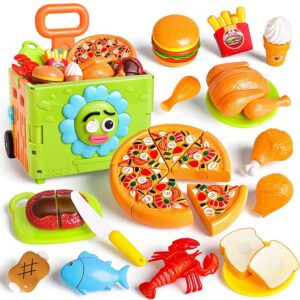 Pretend Play Food for Kids Kitchen Playset - 17PCS 3 in 1 Kids Cutting Toys W/ Folding Storage Handcart W/ DIY Emotion Learning Toys，Boys Girls Gift，Birthday Gift for Ages 3+.